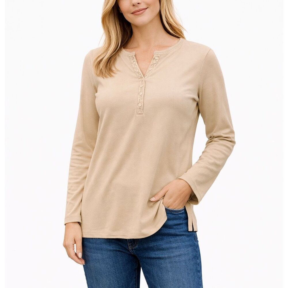 Denim & Co NWT taupe embroidered neckline Henley top Large